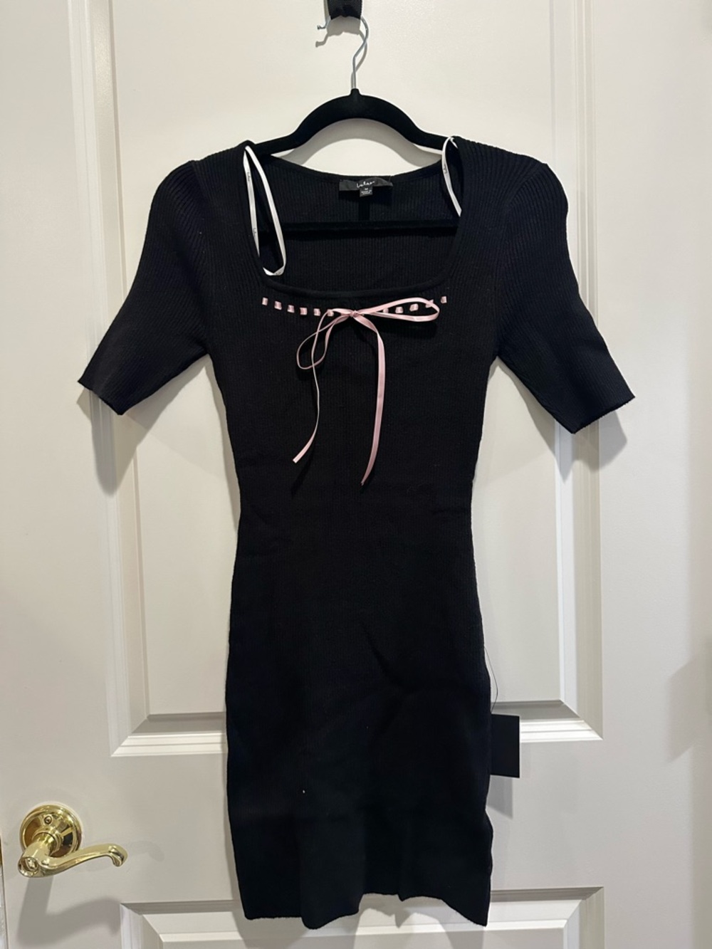 Lulu's Black Knit Mini Dress with Pink Ribbon Trim